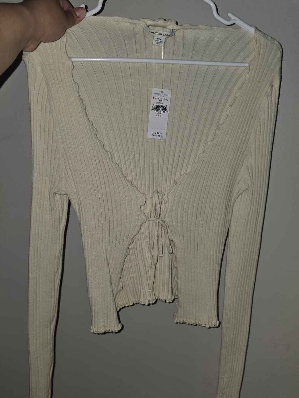 American Eagle Outfitters Cream Ribbed Tie-Front Crop Top